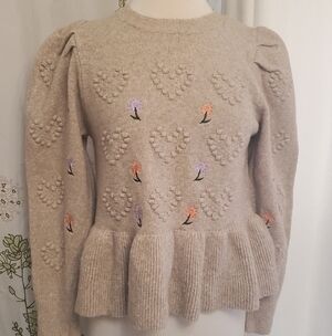 Women's Beige Sweater with Heart and Floral Design SEE AND BE SEEN